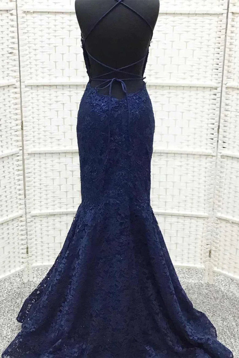 Lace Embroidered Lace-Up Trumpet Long Prom Dress