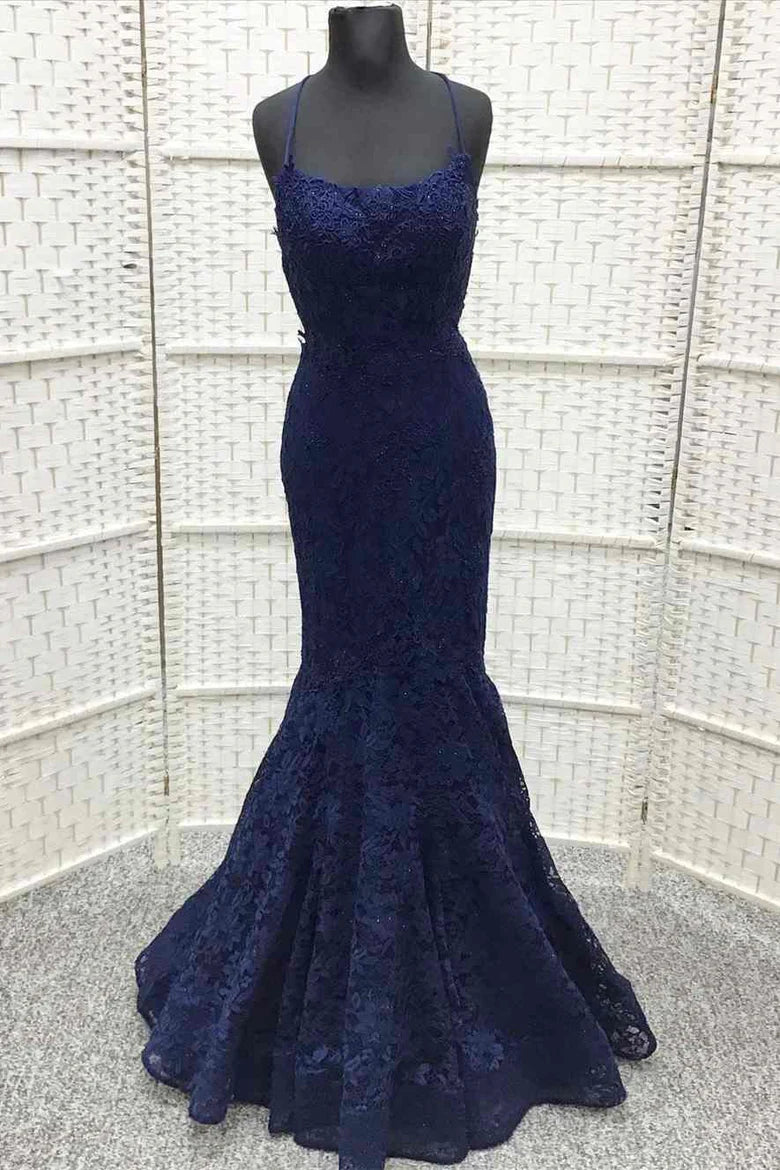 Lace Embroidered Lace-Up Trumpet Long Prom Dress