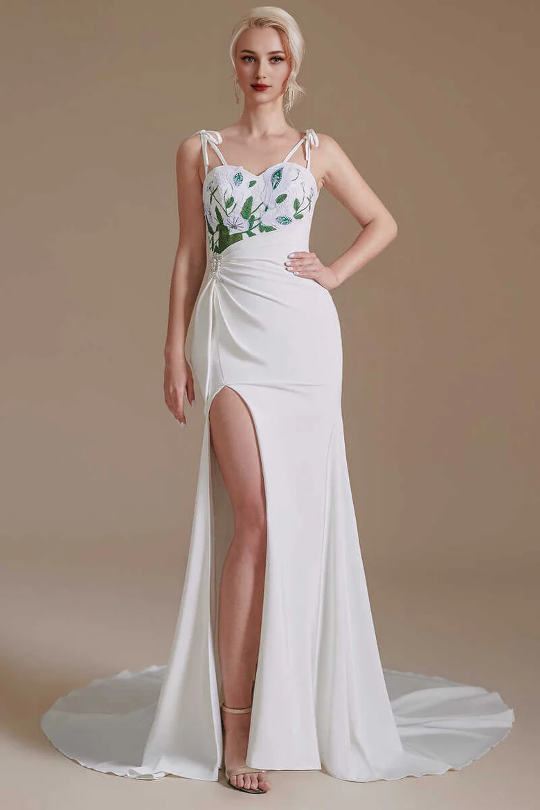 Straps Appliques Backless Sheath Bridal Gown with Slit