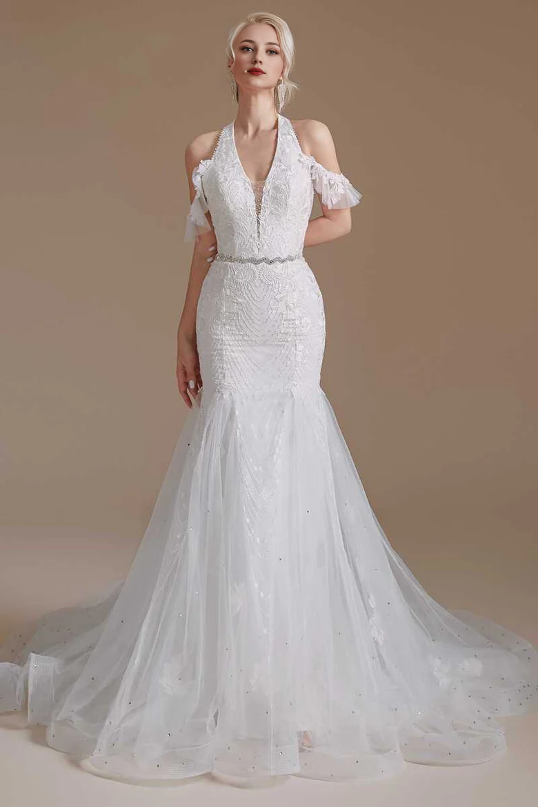 Lace Halter Cold-Shoulder Trumpet Wedding Dress