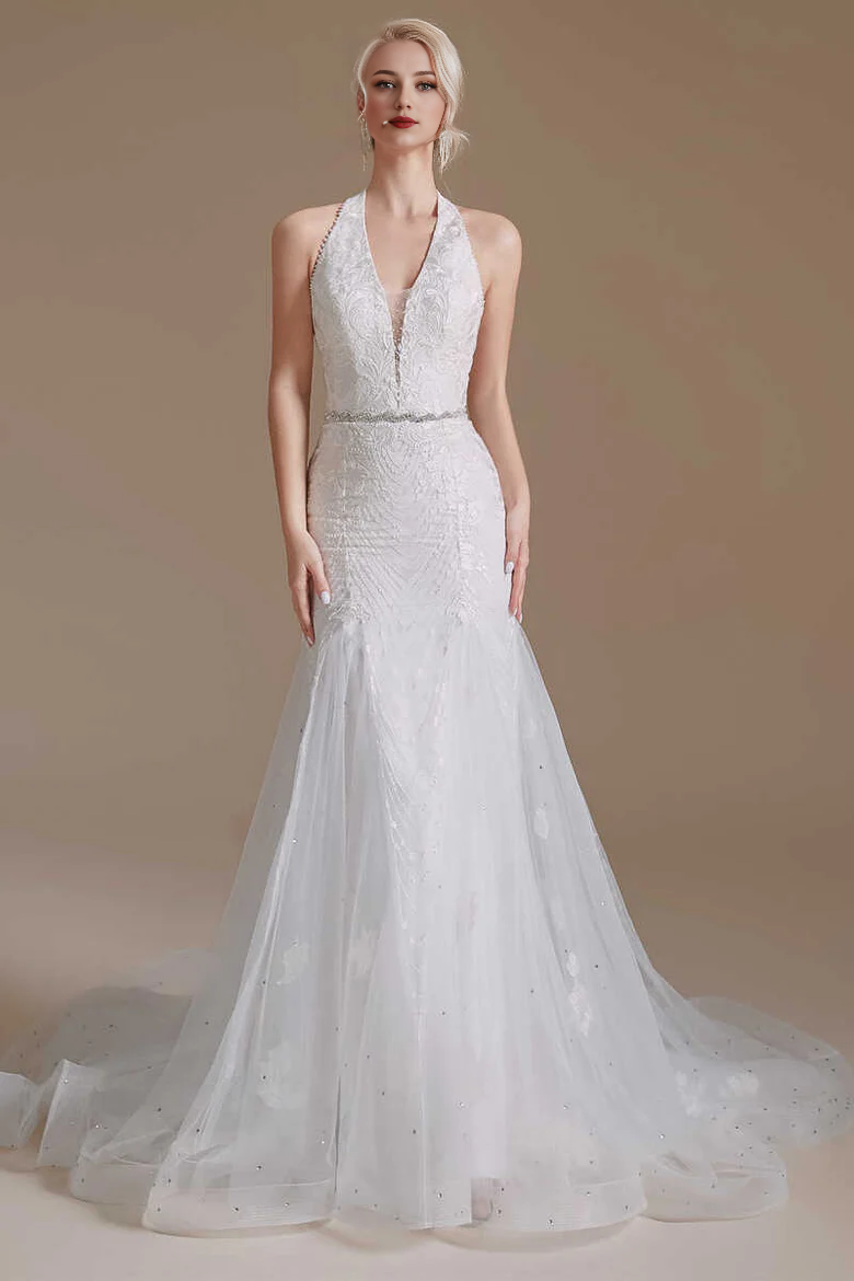 Lace Halter Cold-Shoulder Trumpet Wedding Dress
