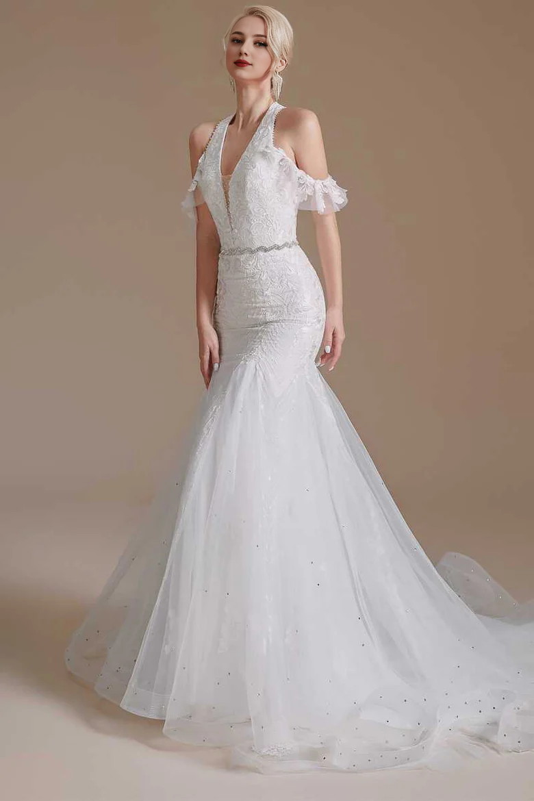 Lace Halter Cold-Shoulder Trumpet Wedding Dress