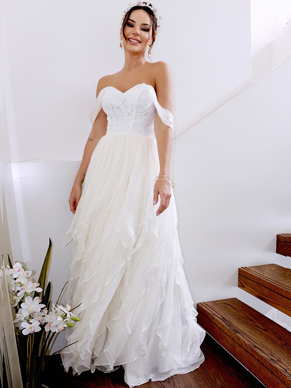 A-Line/Princess Sleeveless Off-the-Shoulder Ruched Chiffon Floor-Length Wedding Dresses