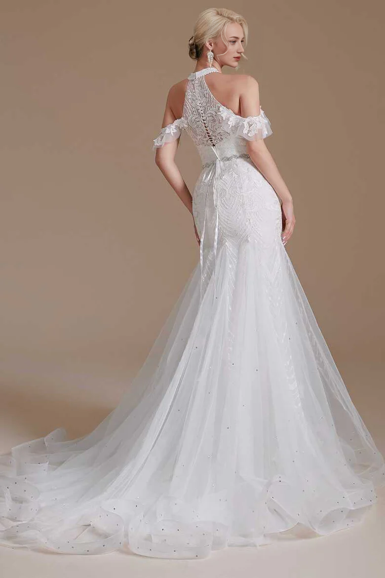 Lace Halter Cold-Shoulder Trumpet Wedding Dress