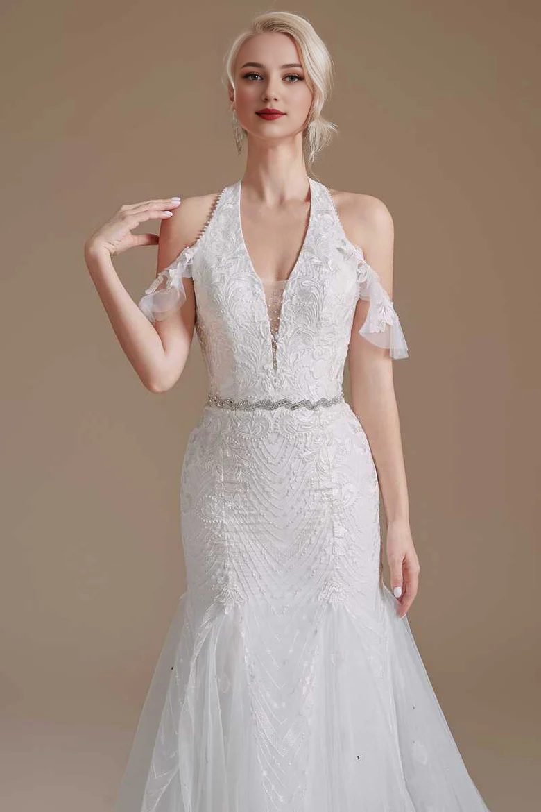 Lace Halter Cold-Shoulder Trumpet Wedding Dress