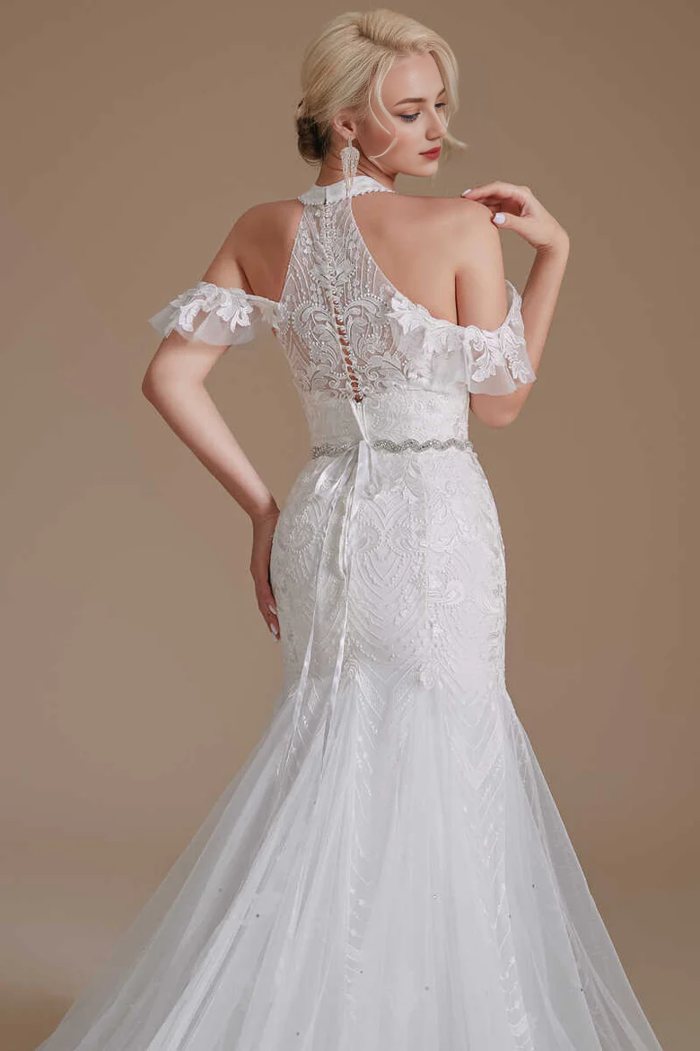 Lace Halter Cold-Shoulder Trumpet Wedding Dress