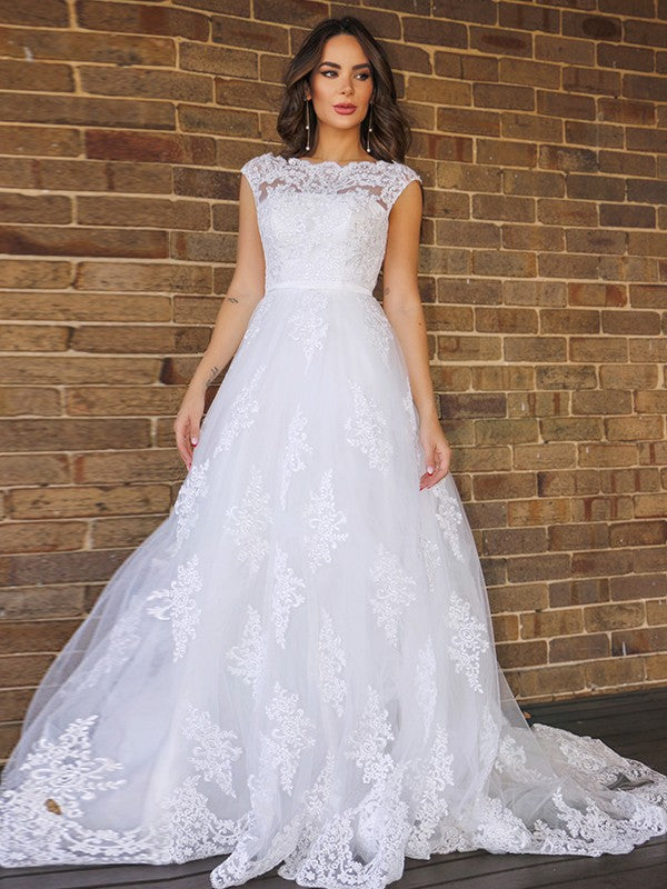 A-Line/Princess Lace Sleeveless Scoop Sweep/Brush Train Wedding Dresses