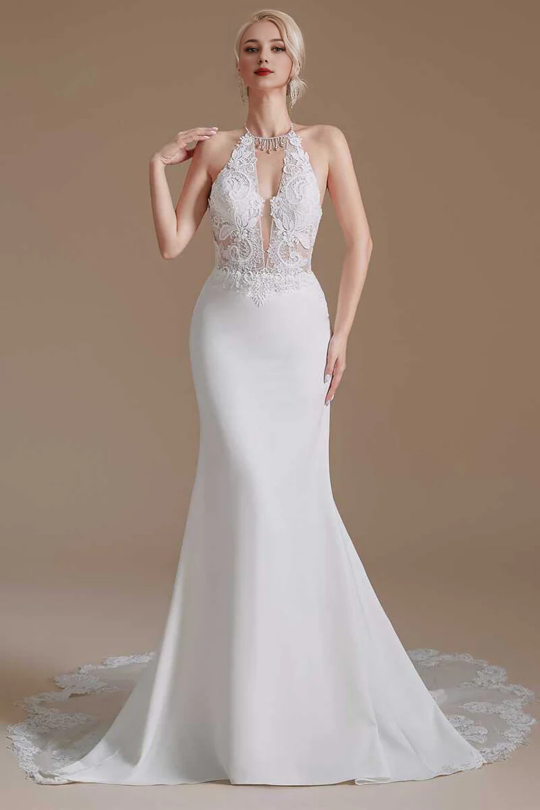 Lace Halter Tassel Backless Mermaid Long Wedding Dress
