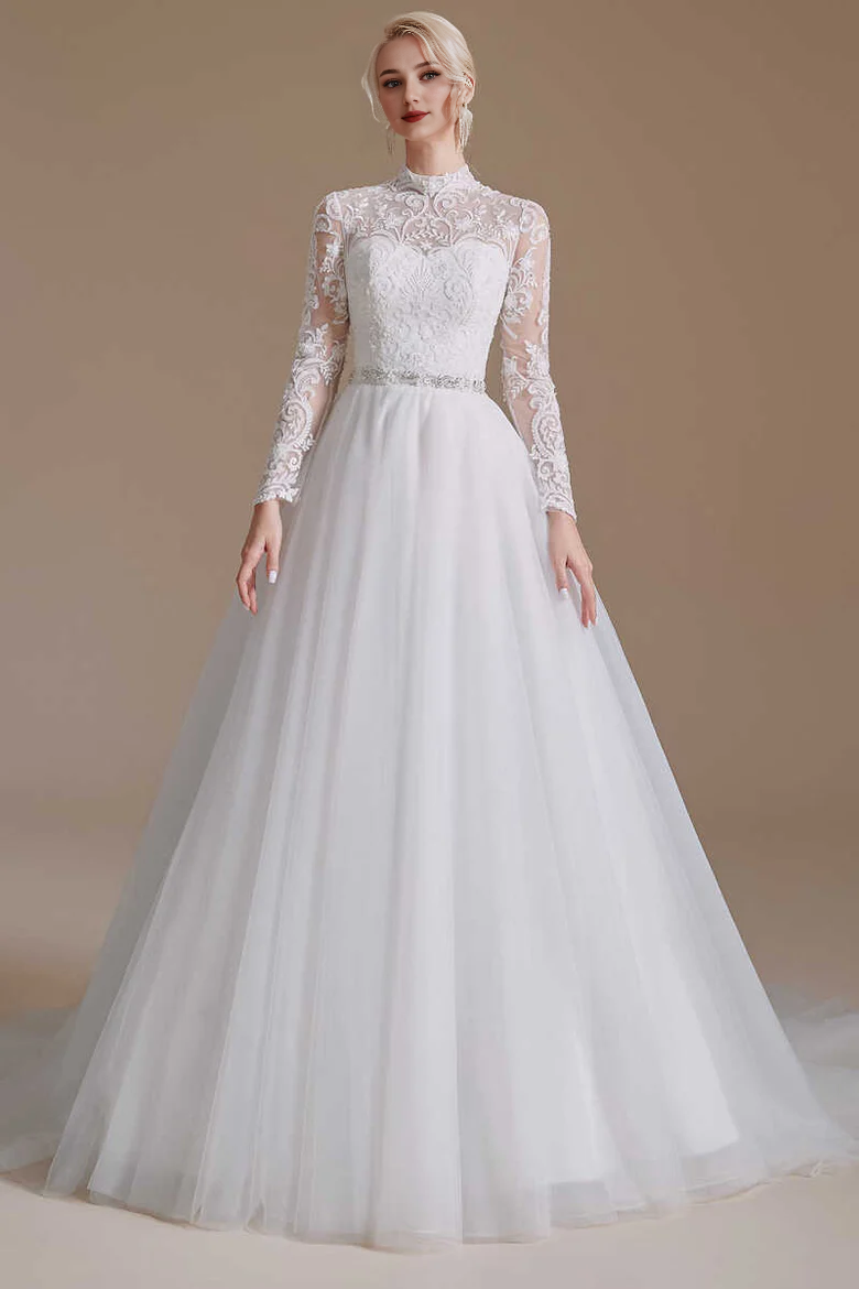 Lace High Collar Long Sleeves A-Line Wedding Dress