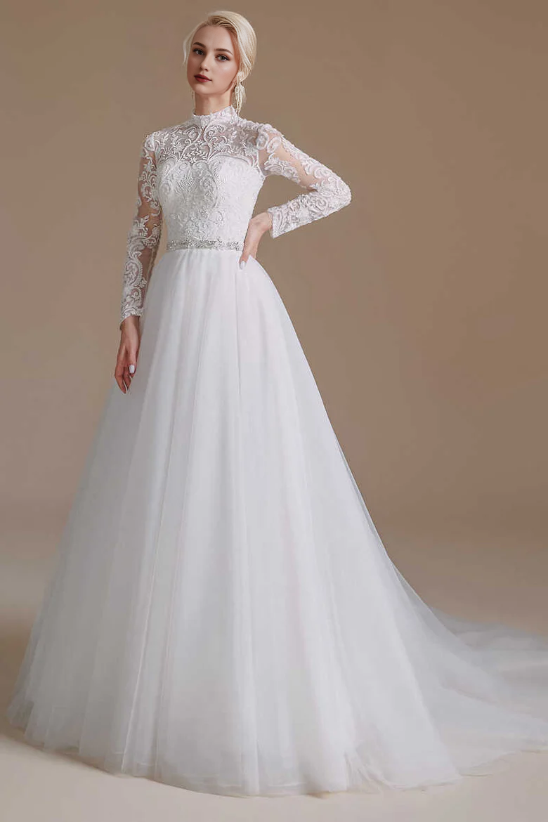 Lace High Collar Long Sleeves A-Line Wedding Dress