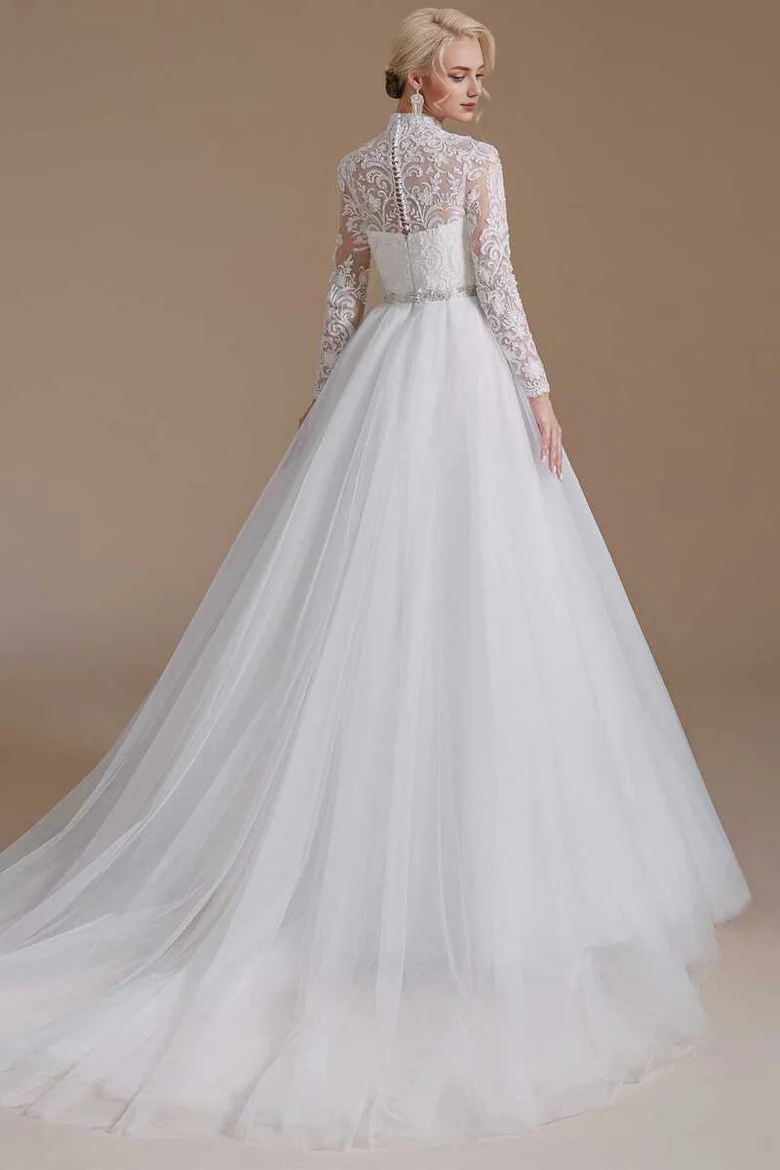Lace High Collar Long Sleeves A-Line Wedding Dress