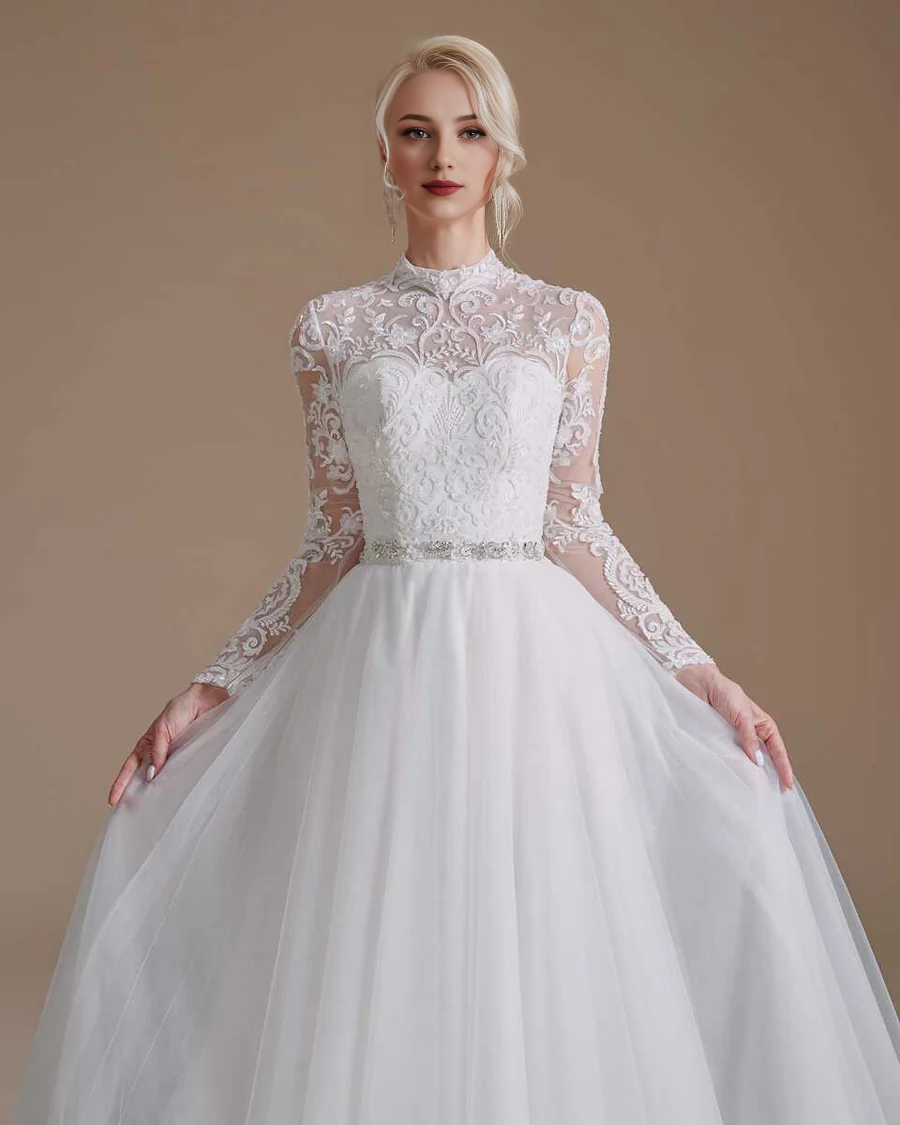 Lace High Collar Long Sleeves A-Line Wedding Dress