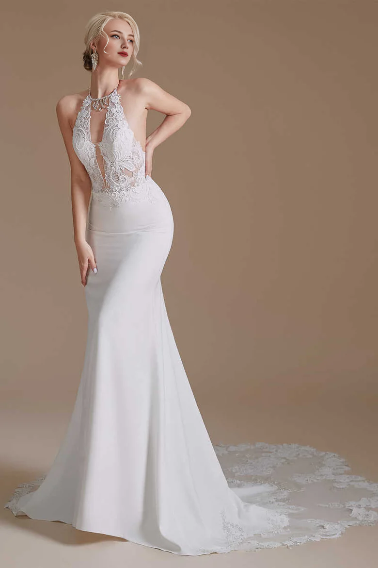 Lace Halter Tassel Backless Mermaid Long Wedding Dress