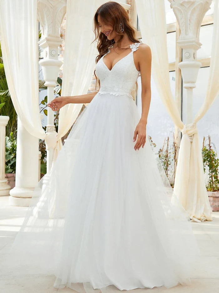 Double V Neck Lace Bodice Floor Length Tulle Wedding Dress