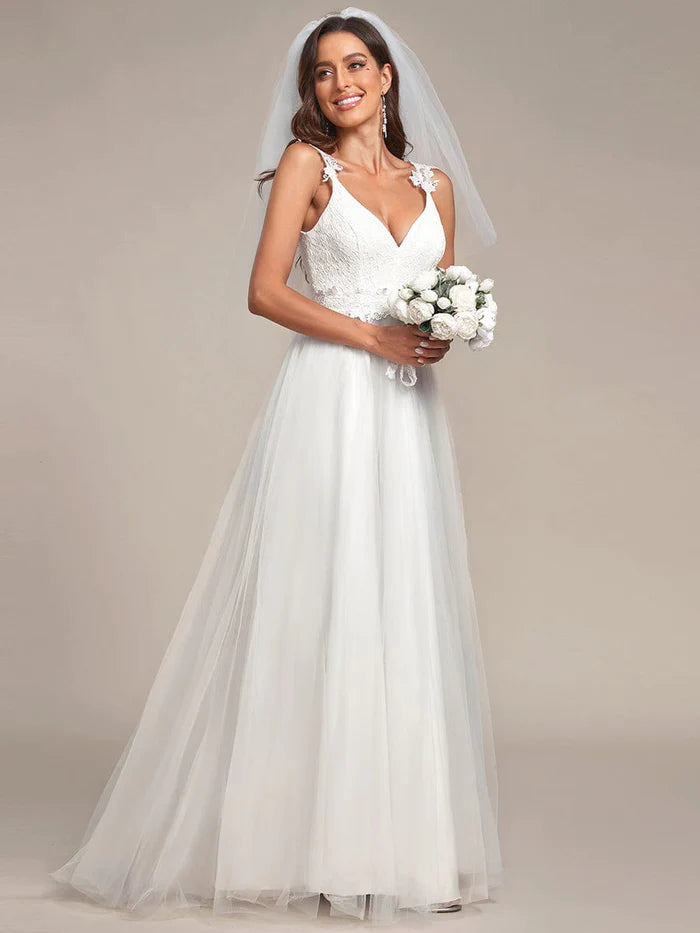Double V Neck Lace Bodice Floor Length Tulle Wedding Dress