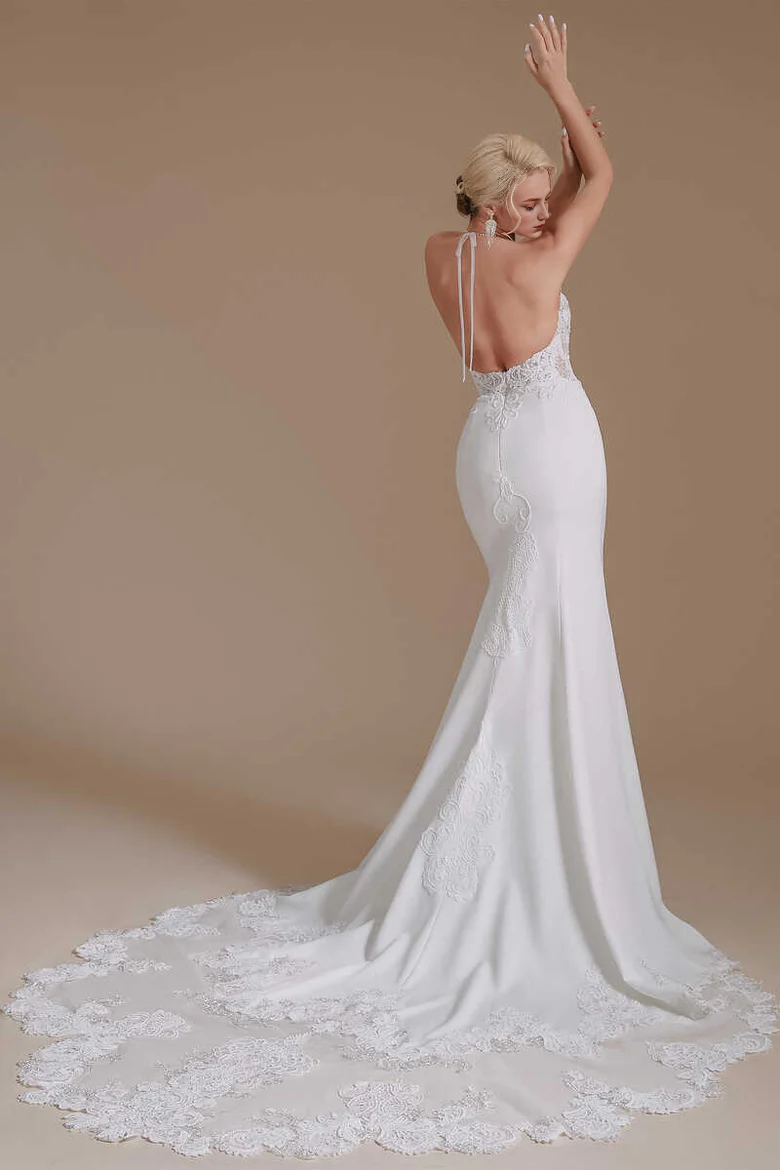 Lace Halter Tassel Backless Mermaid Long Wedding Dress