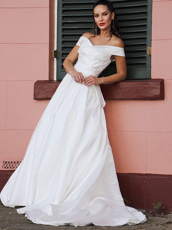 A-Line/Princess Satin Ruched Off-the-Shoulder Sleeveless Court Train Wedding Dresses