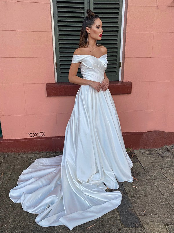 A-Line/Princess Satin Ruched Off-the-Shoulder Sleeveless Court Train Wedding Dresses