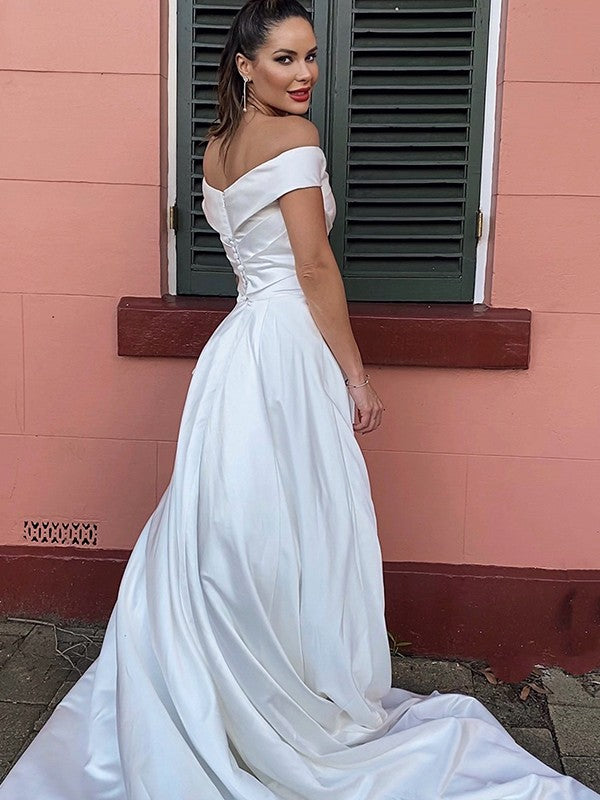 A-Line/Princess Satin Ruched Off-the-Shoulder Sleeveless Court Train Wedding Dresses
