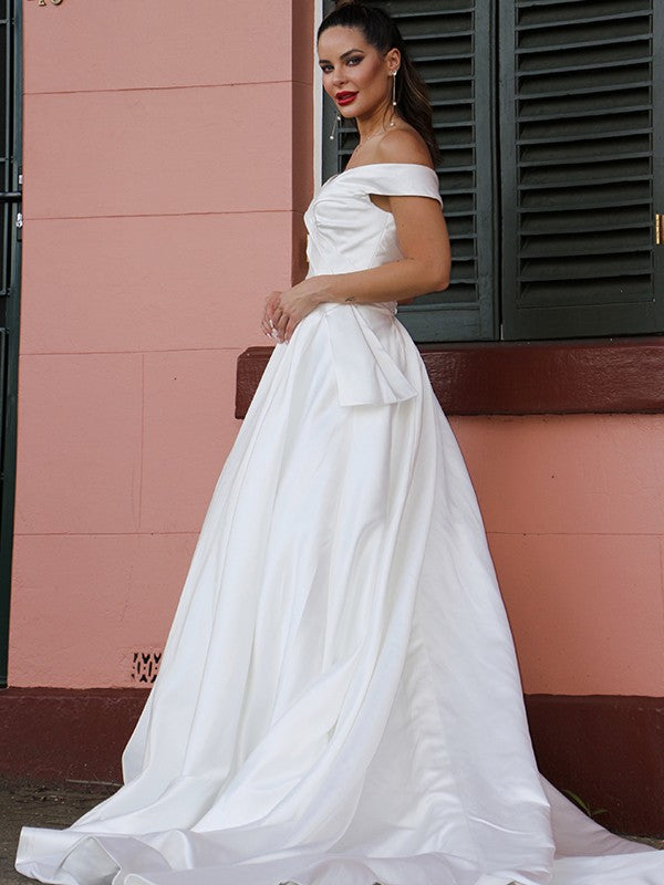 A-Line/Princess Satin Ruched Off-the-Shoulder Sleeveless Court Train Wedding Dresses