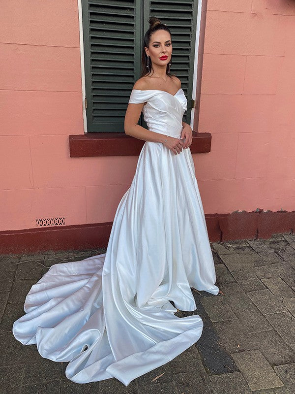 A-Line/Princess Satin Ruched Off-the-Shoulder Sleeveless Court Train Wedding Dresses