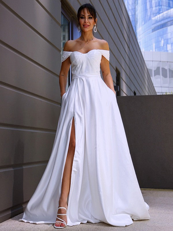 A-Line/Princess Satin Ruched Off-the-Shoulder Sleeveless Sweep/Brush Train Wedding Dresses