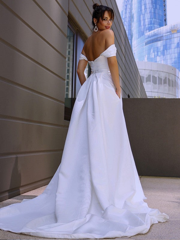 A-Line/Princess Satin Ruched Off-the-Shoulder Sleeveless Sweep/Brush Train Wedding Dresses