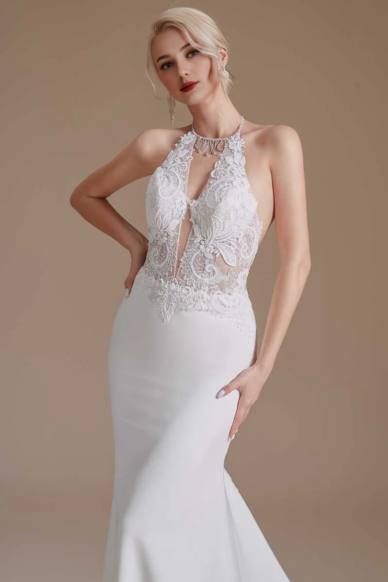 Lace Halter Tassel Backless Mermaid Long Wedding Dress