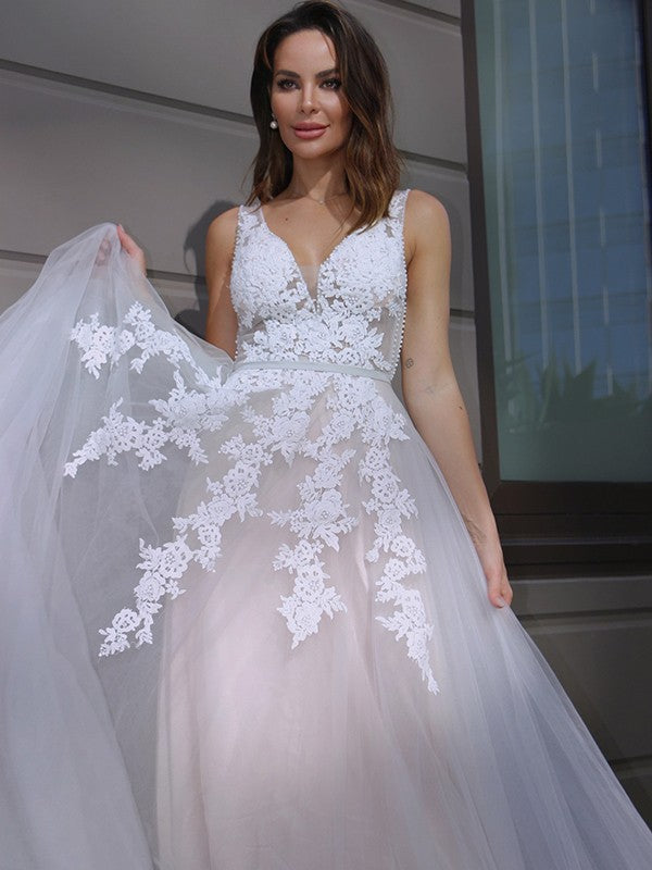 A-Line/Princess V-neck Tulle Sleeveless Applique Sweep/Brush Train Wedding Dresses
