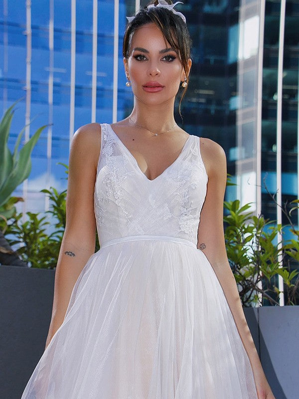 A-Line/Princess Tulle V-neck Applique Sleeveless Sweep/Brush Train Wedding Dresses