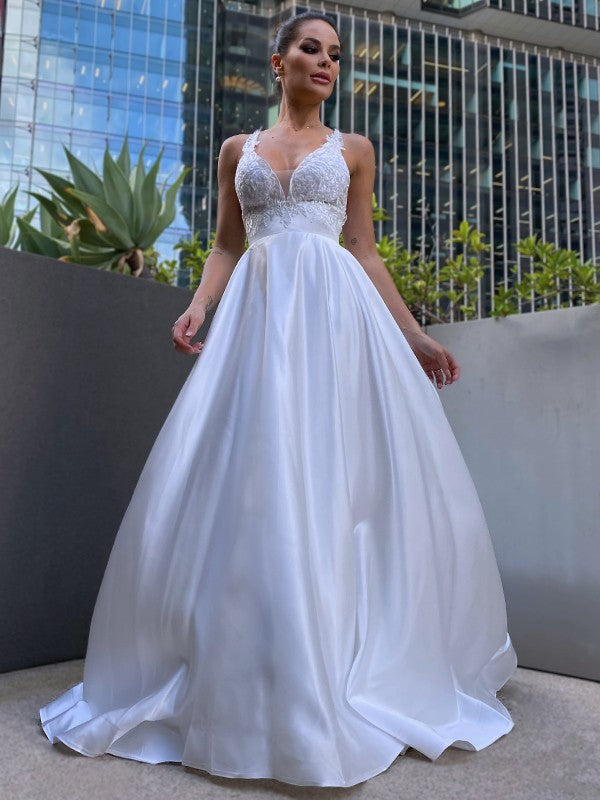 A-Line/Princess V-neck Satin Applique Sleeveless Sweep/Brush Train Wedding Dresses
