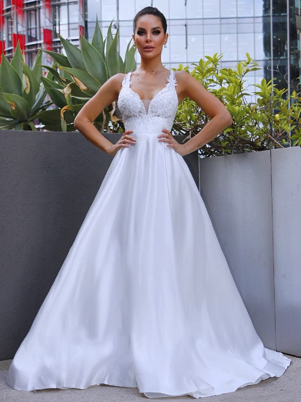 A-Line/Princess V-neck Satin Applique Sleeveless Sweep/Brush Train Wedding Dresses