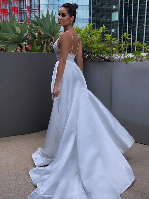 A-Line/Princess V-neck Satin Applique Sleeveless Sweep/Brush Train Wedding Dresses