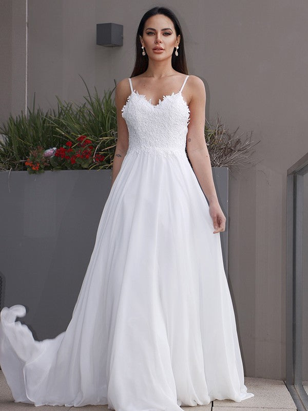A-Line/Princess Chiffon Applique V-neck Sleeveless Sweep/Brush Train Wedding Dresses