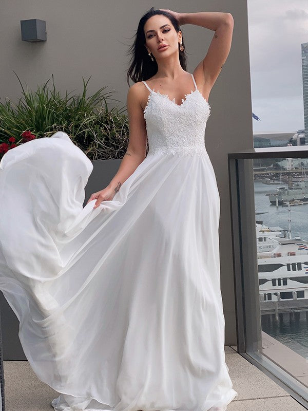 A-Line/Princess Chiffon Applique V-neck Sleeveless Sweep/Brush Train Wedding Dresses