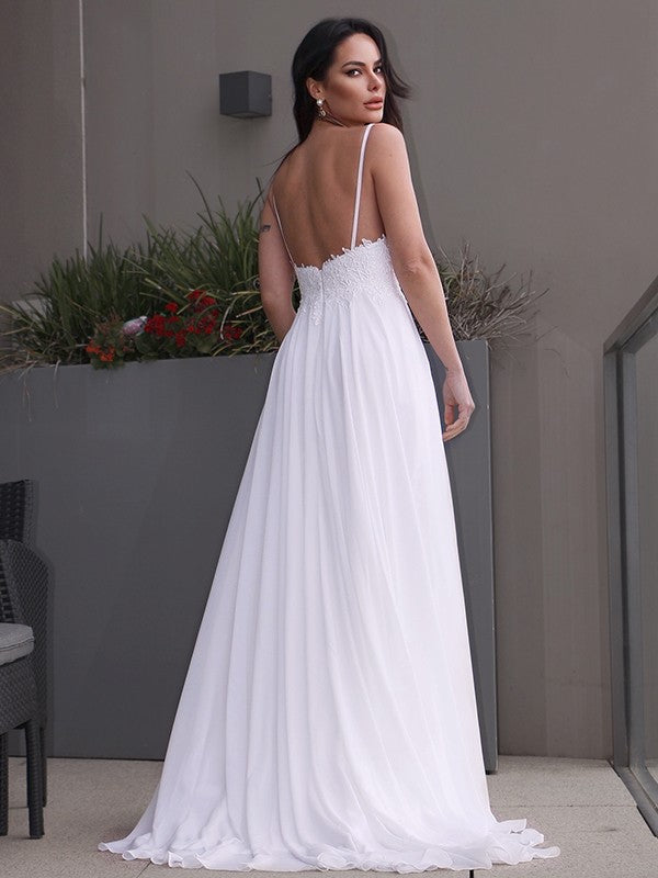 A-Line/Princess Chiffon Applique V-neck Sleeveless Sweep/Brush Train Wedding Dresses