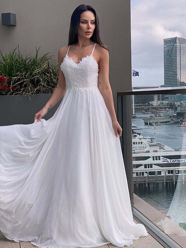 A-Line/Princess Chiffon Applique V-neck Sleeveless Sweep/Brush Train Wedding Dresses