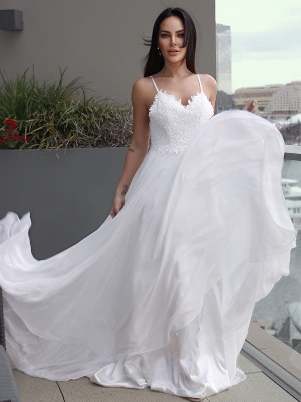 A-Line/Princess Chiffon Applique V-neck Sleeveless Sweep/Brush Train Wedding Dresses