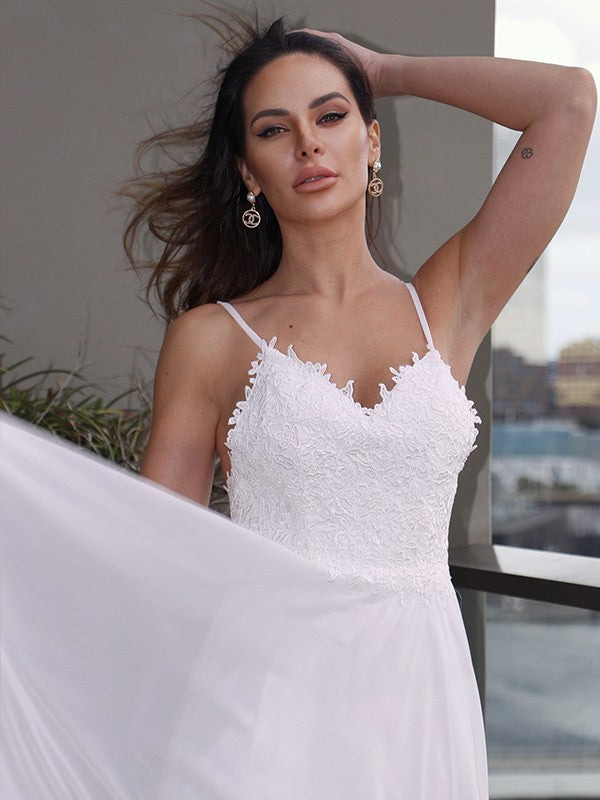 A-Line/Princess Chiffon Applique V-neck Sleeveless Sweep/Brush Train Wedding Dresses