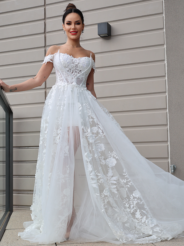 A-Line/Princess Tulle Applique Off-the-Shoulder Sleeveless Sweep/Brush Train Wedding Dresses