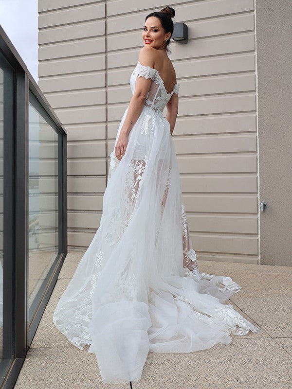 A-Line/Princess Tulle Applique Off-the-Shoulder Sleeveless Sweep/Brush Train Wedding Dresses