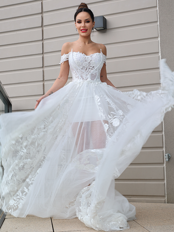 A-Line/Princess Tulle Applique Off-the-Shoulder Sleeveless Sweep/Brush Train Wedding Dresses