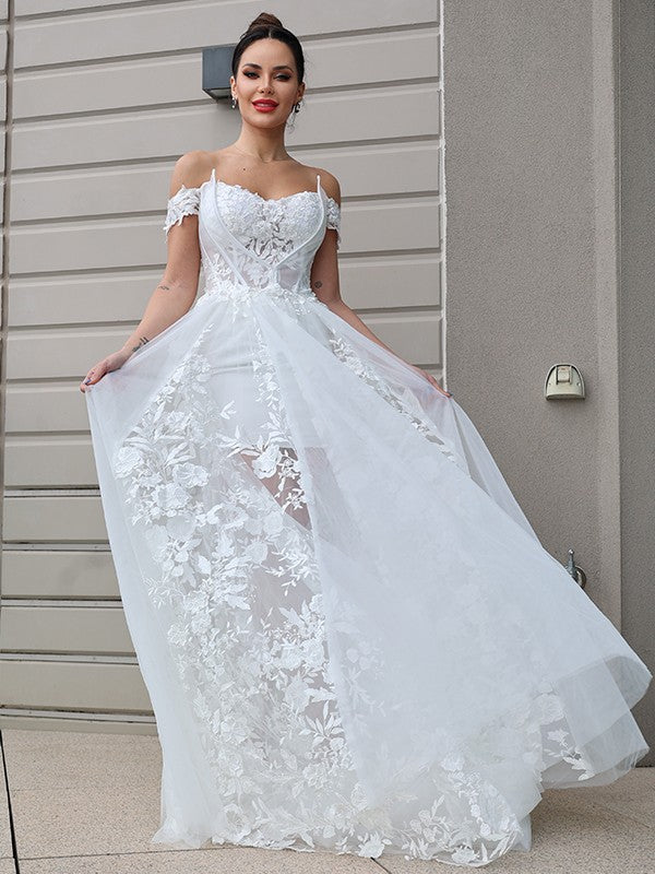 A-Line/Princess Tulle Applique Off-the-Shoulder Sleeveless Sweep/Brush Train Wedding Dresses