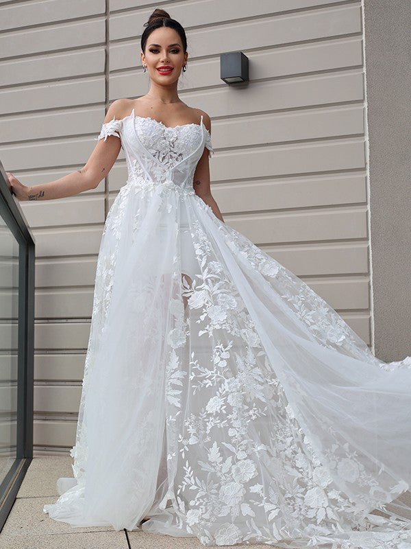 A-Line/Princess Tulle Applique Off-the-Shoulder Sleeveless Sweep/Brush Train Wedding Dresses