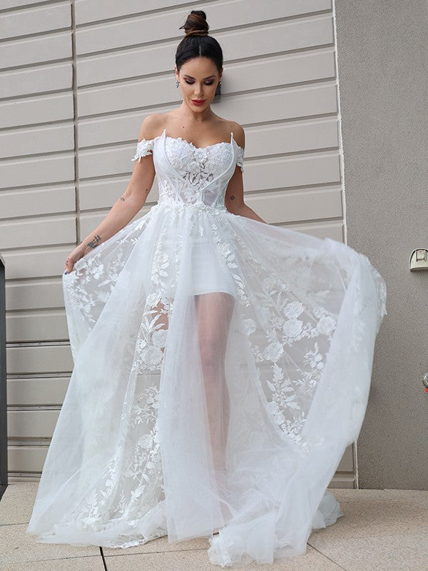 A-Line/Princess Tulle Applique Off-the-Shoulder Sleeveless Sweep/Brush Train Wedding Dresses