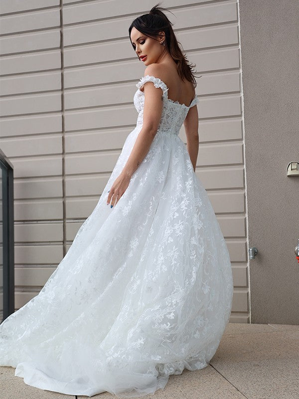 A-Line/Princess Tulle Applique Off-the-Shoulder Sleeveless Sweep/Brush Train Wedding Dresses