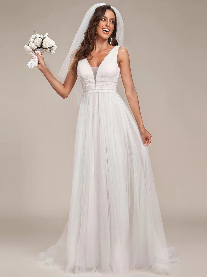 Sleeveless Deep V Low Back Long Wedding Dress
