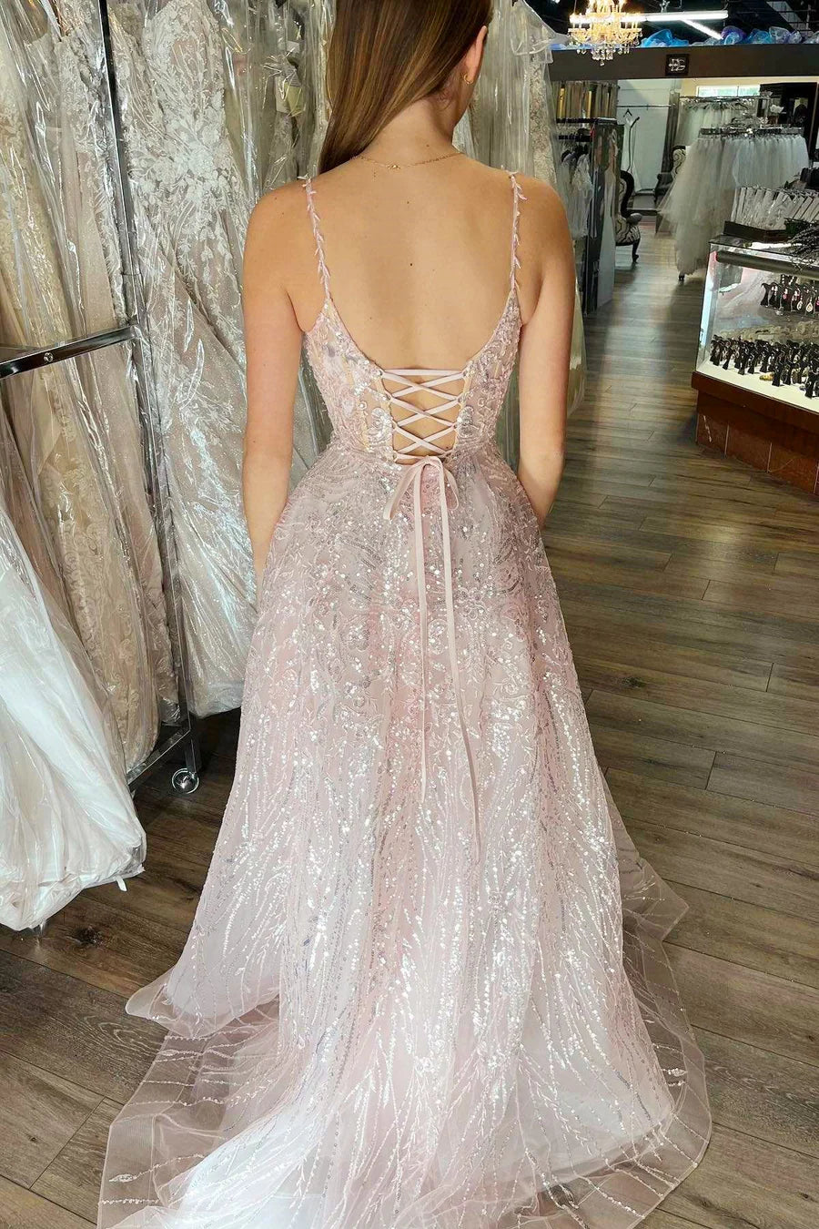 Tulle Sequin V-Neck Lace-Up A-Line Long Prom Dress