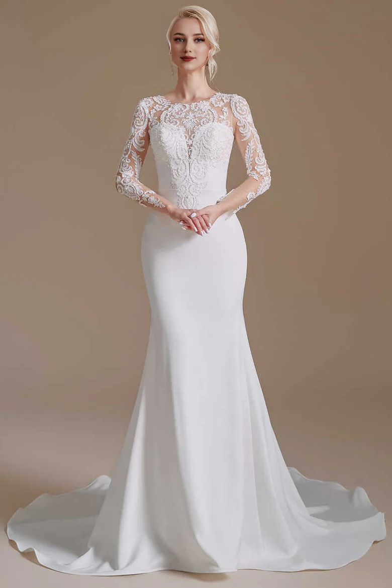 White Long Sleeves Mermaid Wedding Dress