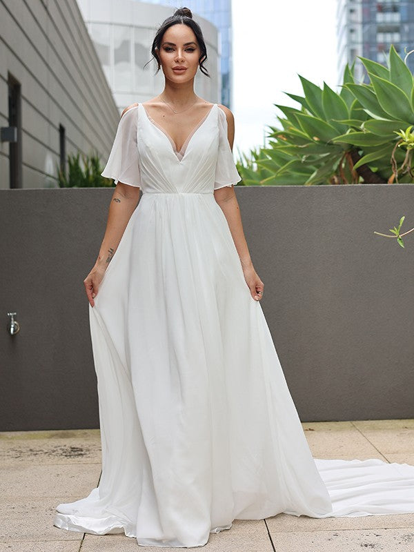 A-Line/Princess Chiffon Ruched V-neck Sleeveless Sweep/Brush Train Wedding Dresses